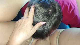Milf step-mom cums from pussy licking in the car