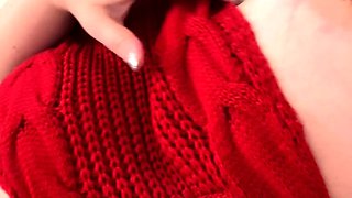 Busty curly brunette with big boobs fucks on couch