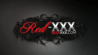 Red XXX fucks herself while wearing leather boots