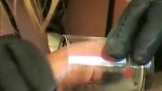 Leather gloved cum milking
