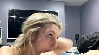 Blonde teen gives handjob and blowjob