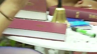 College friends show their hot and horny pussies to the teacher