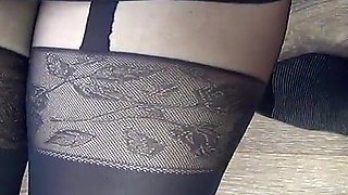 My legs are in stocking pattern pantyhose for your hot cum