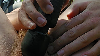 Redhead Fucks Ass and Hairy Pussy Outside Squirting Hard