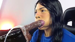 Tan stud gives a POV blowjob to his big cock