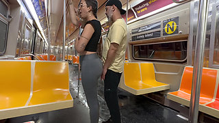 Student girl gets cum on New York subway train.