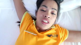 Mouth and pussy of Asian flight attendant Juliet ready for sex