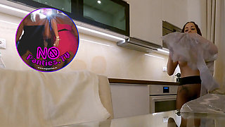 Hot Petite Brunette MILF Babysitter Gets Fully Naked in the Kitchen and Wears Sheer Shirt Pantyhose