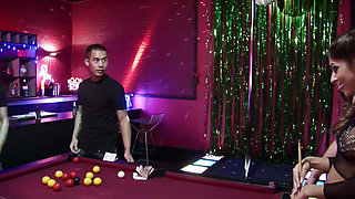 Two dudes fuck two erotic sluts on a pool table