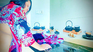 While I Was Cooking in the Kitchen, My Boy Felt the Sweet Scent of His Mother's Pussy.