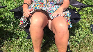 Mrs Mature Feet with Her Boobs and Pussy Out in the Sun