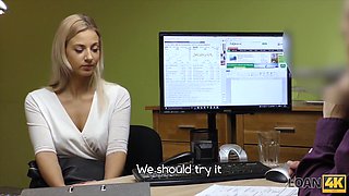 Blonde slutty girl offers to pay her debts through unconventional means and jumps on her loaner's cock