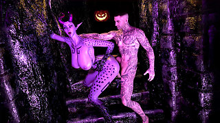 Halloween. Fantasy Tattooed Guy Fucks Sexy Devil with a Big Cock.