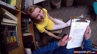 Tiny blonde shoplifter gets her tight pussy fucked