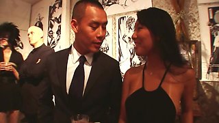 Asian pornstar in vinyl suit sucks guy off to facial cumshot