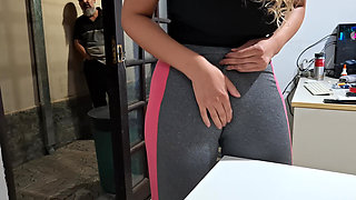 Masturbating Her Camel Toe on the Table with the Neighbor's Help