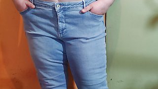 Desperate bbw MILF locked in the basement pees in blue jeans