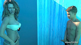 Milf stepmom Kimmytoons helps her young neighbor with some solo fun in the shower
