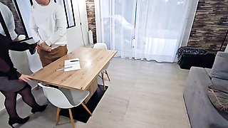The English teacher catches him masturbating under the table. She sucks him and spreads her thighs to satisfy his big cock.
