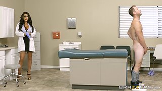 Dark-haired doctor with glasses makes her patient cum