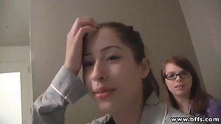 Nice young girls pajama party and one of the girls with glasses gets her pussy nailed by her acquaintance dressed in strap-on toy