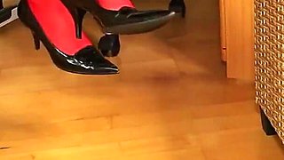 Red Stockings & Stiletto Footplay Under Leggings