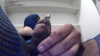 Playing with anal furry plug, showing my long nude toenails, CD tits and pierced cock