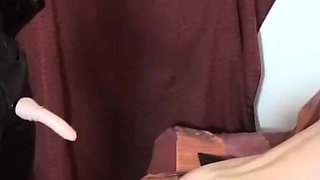 Leather girl fuck his ass with dild