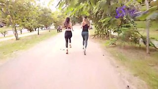 Hot Lesbian Teens Tatiana Morales & Astrid Gomez Seduce Personal Trainer Outdoor - Lingerie, Toys, 69 Action