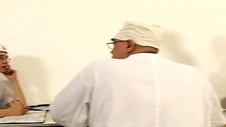 Gynecologist and his nurse checking teen slut's holes