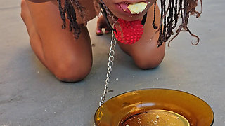 Submissive Walking on Knees in Humiliating Bondage