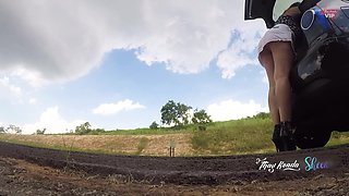 Bitch in a short skirt and no panties, opening the trunk of the car on the highway, Thay Ksada