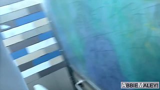 three packed in restroom