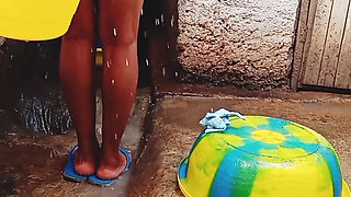 Outdoor Bathing My Pregnant Girlfriend in Dirty Environment