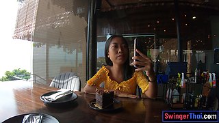 Cute Thai teenage eats cake and rides knob