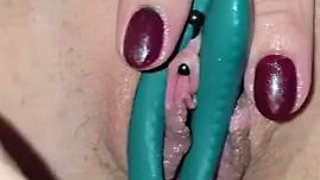 I test out vibrators on my clit while he pumps his cock until he cums into a glass and I swallow his load