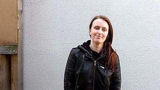 Alexa in black leather jacket then lace lingerie gangbang on grey mattress