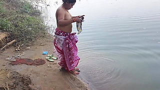 Indian Village Wife Bathing in the River in Outdoor Area