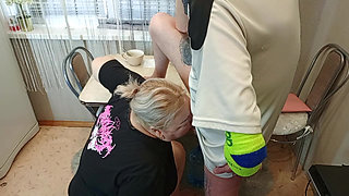 in the afternoon, I fuck my neighbor in the mouth in the kitchen and cum