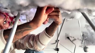 Pierced and tattooed boy sucking black cock from glory hole