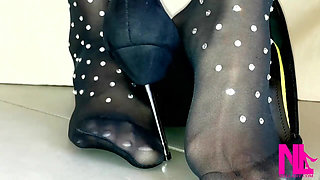 Sensual Dangling and Seducing in Black Wolford Pantyhose and Black Pumps with Metal Heels