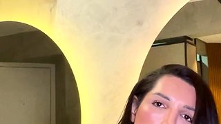 Tranny with big tits tugs on her big cock