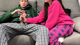 Step Brother Watch Porn and Jerk Off Next To Step Sister!