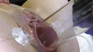 Very Close Spread Pussy Fucking with Dildo and Glass