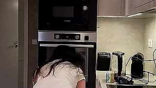 Big Tits Big Ass Hot and Cute Beautiful New Wife Takes Her G-string off to Flash Her Tight Shaved Pussy in the Kitchen