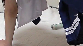 Apron-style Student Uniform, Miniskirt, White G-string Panties and White Socks, Slender Japanese Girl Cleaning Her Apartment