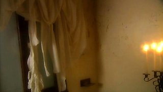 Busty curly brunette with big boobs fucks on couch