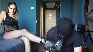 Blonde in Lingerie Dominates Masked Man with Heels