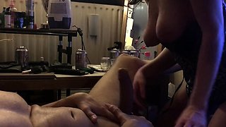 Big-Titted Brunette Sucks at the Party