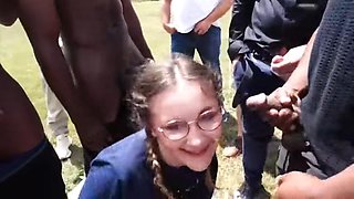 Bukkake Orgy: 44-Year-Old Wife in Pigtails Slurps 25 Cocks as